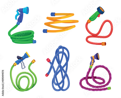 Watering hoses. Agricultural or gardening rubber hoses collection exact vector colorful item