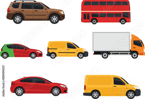 Set of flat vector transport vehicle icons including red double decker bus delivery truck yellow van sedan and brown suv