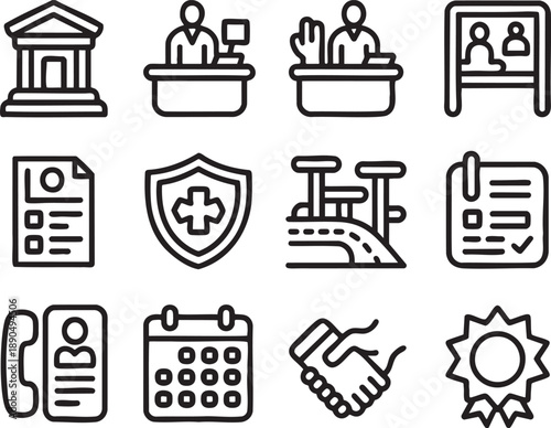 Black and white of government, healthcare, and legal concepts including buildings, people, documents, and symbols