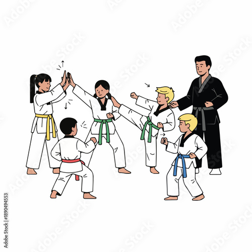 Children and Instructor Practicing Martial Arts in Dojo