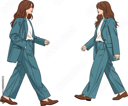 Modern professional woman walking confidently wearing stylish teal blue suit and brown loafers cad drawing flat vector illustration