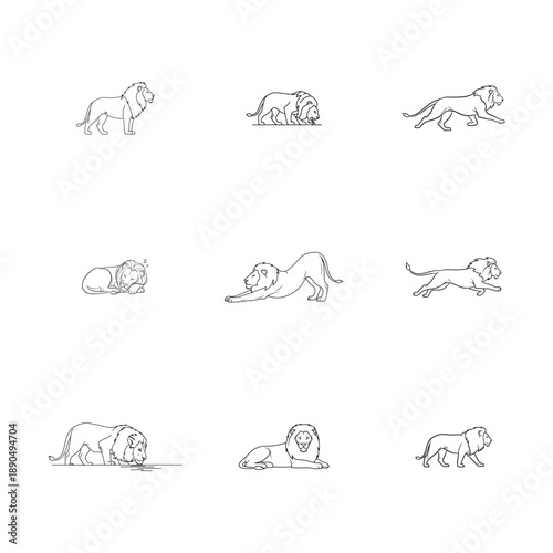 Set of Lion Character Outlines in Various Poses for Coloring Book.