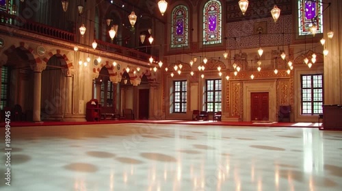 Serene Islamic Mosque Interior with Crescent Moon Lanterns and Glowing Lights during Ramadan Night, a Sacred Space for Prayer and Worship