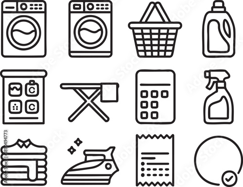 Black and white of laundry appliances, tools, and supplies including washing machine, dryer, detergent, and iron