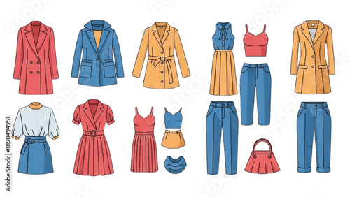 Fashionable clothing and accessories arranged neatly in a stylized illustration showcasing various garments and styles
