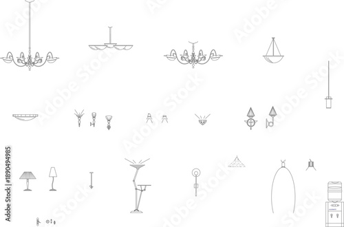 Technical vector illustration of various interior lighting fixtures, featuring chandeliers, pendant lights, floor lamps, and wall sconces