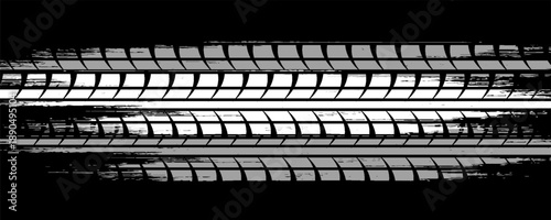 Grunge tire track, wheel braking marks. White truck, car or motorcycle tread pattern silhouette. Auto race, motorsport, speed racing design element. Vector illustration