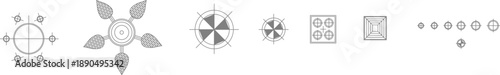 Technical vector illustration featuring various geometric symbols, including circular markers, radial patterns, and square grid indicators.