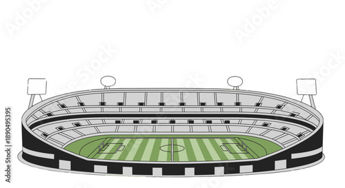 Illustration of an empty football stadium with green field and white markings.