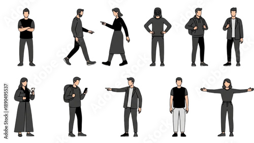 Diverse group of people in various poses and attire standing alone