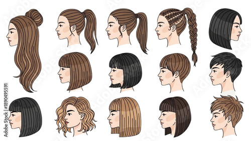 Diverse hairstyles and profiles of men and women illustrated in various styles and lengths