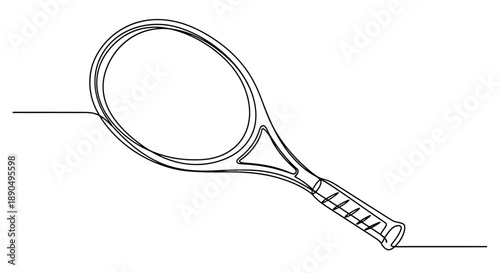 Continuous line drawing of a tennis racket on white background.