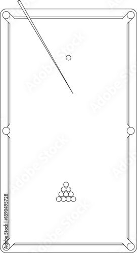 Tableau sur toile Technical vector illustration of a billiard table from a top view, featuring the cue stick, cue ball, and racked balls in a triangle