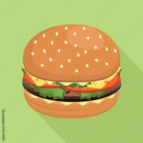 Illustration of a Cheeseburger with Fresh Ingredientes — Hamburger, Lettuce, Tomato, Cheese and Mayonnaise. Ideal for Fast Food and Menus Designs. Flat Design, Vector.