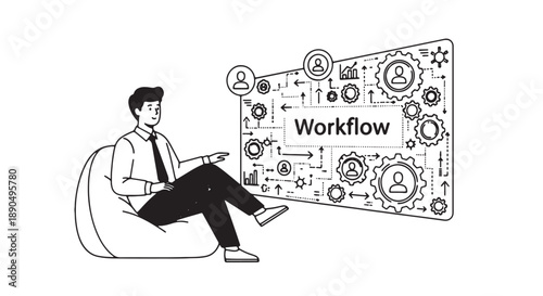 Businessman analyzing workflow process diagram with gears and icons on screen