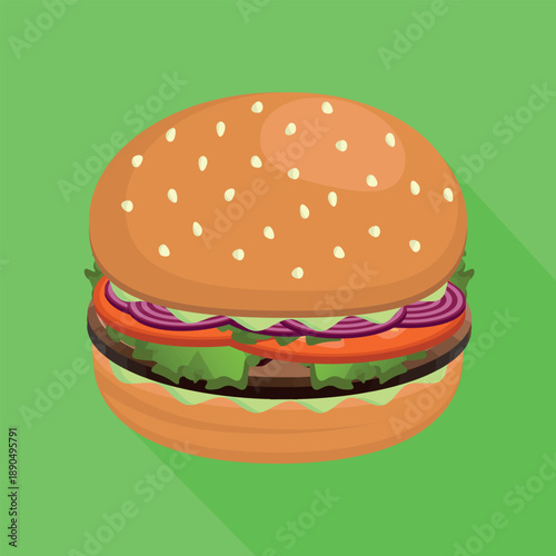Illustration of a Vegan Burger with Fresh Ingredientes — Hamburger, Lettuce, Tomato, Onion and Mayonnaise. Ideal for Fast Food and Menus Designs. Flat Design, Vector.