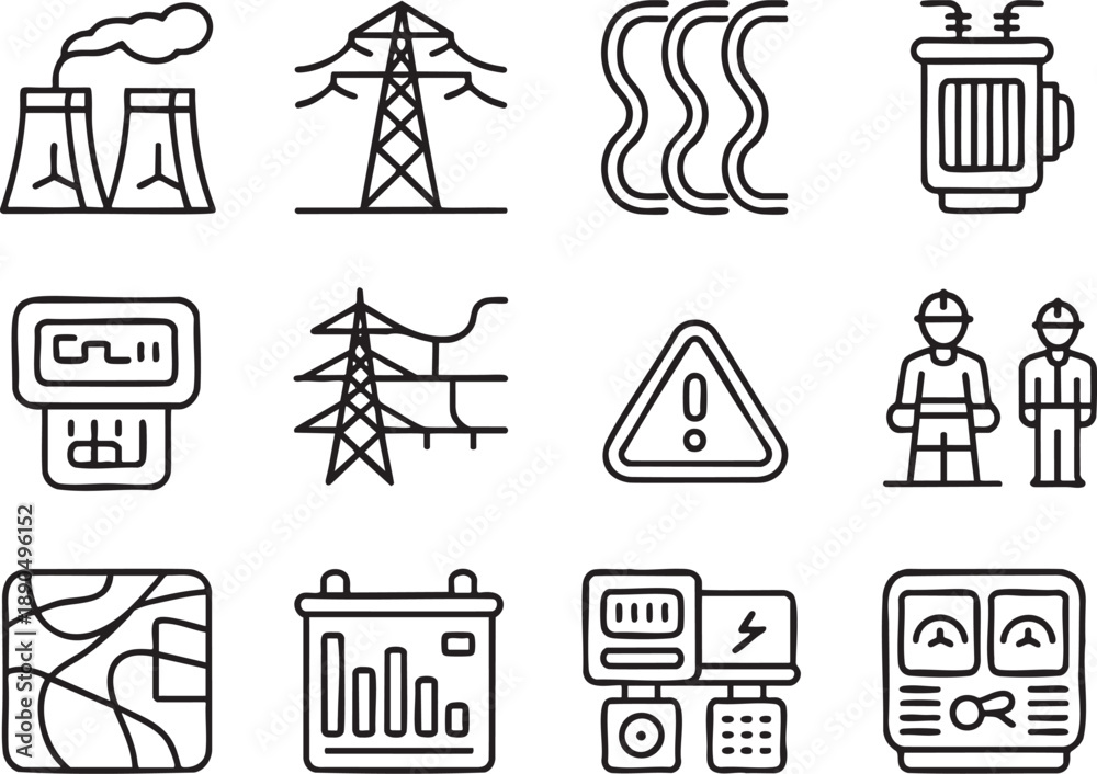 Fototapeta premium Set of black and white representing industrial equipment, power lines, workers, and technology