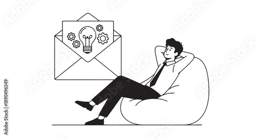 Businessman sitting on bean bag chair thinking with light bulb idea in envelope