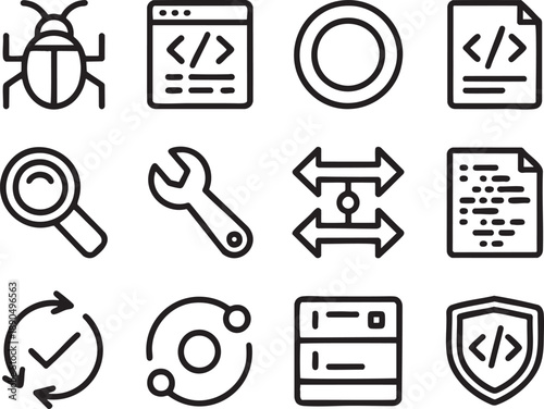 Set of twelve black and white representing software development and debugging concepts