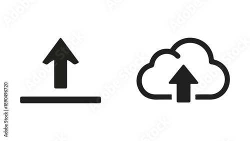 Upload icons: arrow pointing upwards and cloud with upload arrow isolated on white background, Vector, illustration