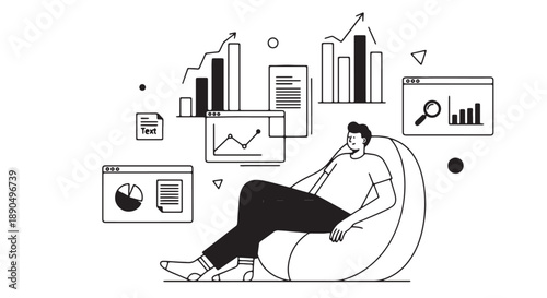 Businessman analyzing data charts and graphs while sitting on a bean bag in a modern office