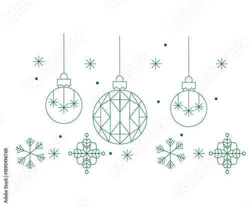 Minimalist Christmas Ornaments and Snowflakes Line Art Vector Illustration
