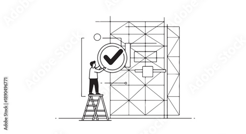 Man on ladder placing checkmark on architectural plan symbolizing approval and verification in construction and design