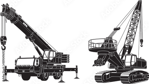 Collection of black and white crane silhouettes isolated on white background representing heavy construction machinery, industrial lifting