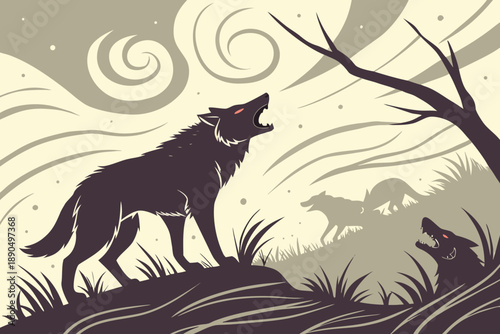 Solitary wolf Howling: Depicting a wolf silhouette howling under the moonlight with other wolves and plants, conveying a sense of wilderness.