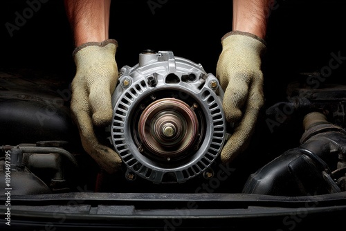 Mechanic Inspects Alternator, Car Maintenance and Repair in Auto Workshop