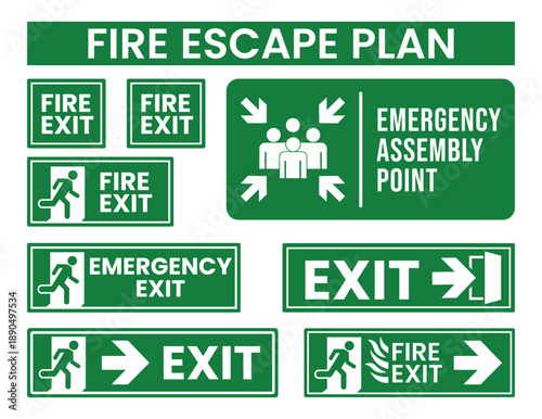 Emergency Exit Signs Directing Evacuation Route for Safety in Green and White Offering Escape Guidance and Evacuation Plans for Workplace Presentation and Building Regulations, Risk Management, Safety