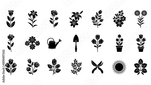 Collection of black silhouettes depicting various flowers, gardening tools, and plants arranged in a grid pattern on a white background