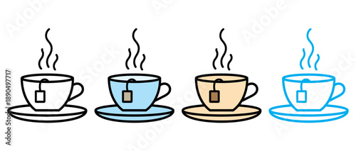 A charming illustration set of hot tea cups with teabags and rising steam, perfect for beverage themes.