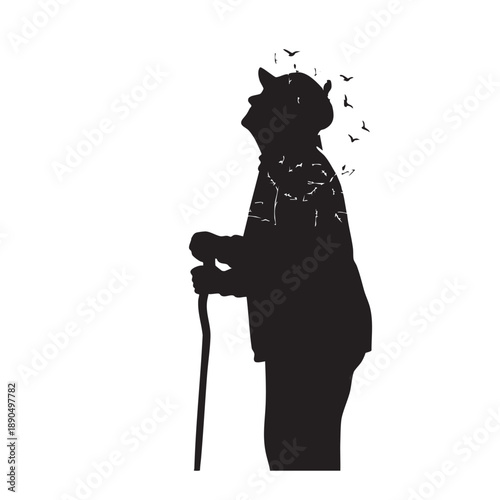 Elderly Man Silhouette Looking Up Birds Flying Memory Loss Dementia Awareness Senior Citizen Vector Illustration