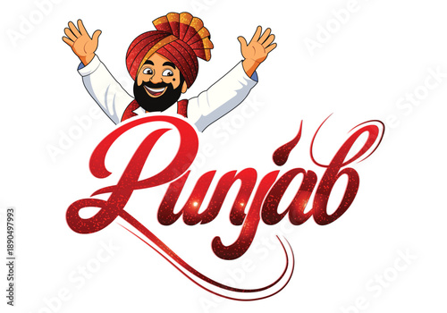 Punjabi Sikh Sardar Cartoon Character with Punjab Typography Vector Illustration