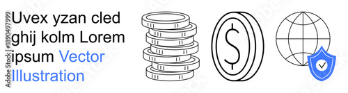 Financial security, global payments, e-commerce, cryptocurrency, economic growth, cybersecurity. Stacked coins, a dollar symbol a globe and a shield icon are . Financial security and global