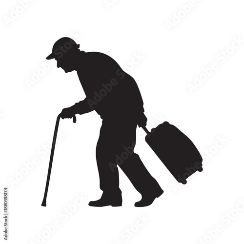 Elderly Traveler Silhouette Vector Art Senior Man Walking with Cane Luggage Journey Concept Aged Tourist Preparing for Trip Mature Adult Vacationer Illustration