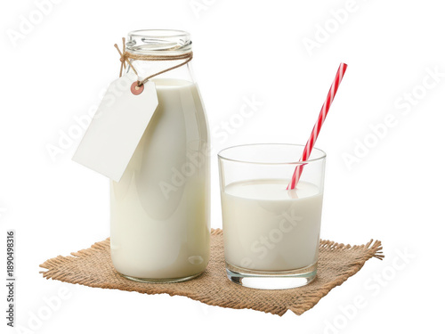 Fresh milk served in a glass with a straw isolated on transparent background