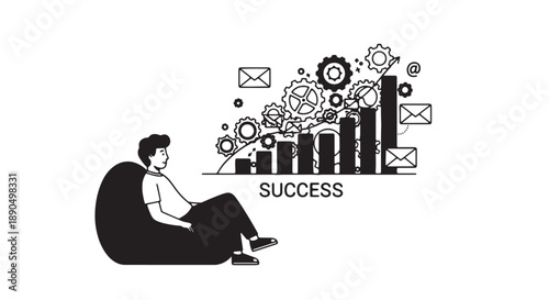 Man sitting on bean bag chair thinking about business success with graphs and symbols