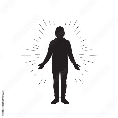 Spiritual Enlightenment Silhouette Vector Art Person with Open Arms Radiant Aura Glowing Effect Human Energy Field Metaphysical Concept Illustration