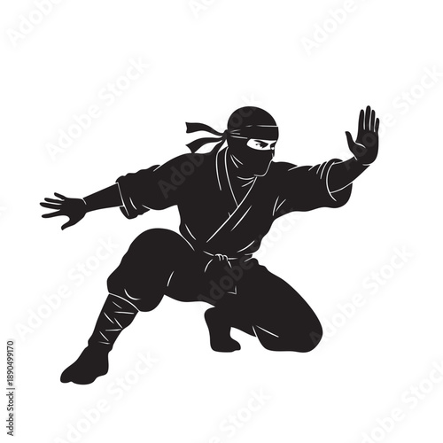 Dynamic ninja warrior silhouette in combat stance with masked face black and white isolated vector graphic for martial arts