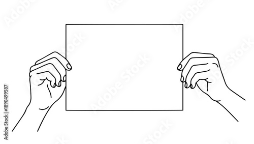 Hands Holding Blank Sign Board in Minimal Line Art Style, hands holding sign, blank sign, empty board, message space, copy space, announcement, protest sign, placard, banner, holding board, line art,