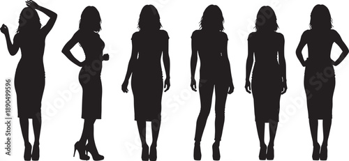 Collection of Professional Black Silhouettes Featuring Elegant Young Women in Stylish Office Dresses and Slim Fit Outfits Standing in Various Poses on White Background