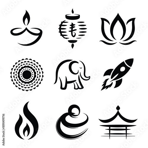 Minimalist diwali icons set featuring brush stroke style including elephant and temple with lotus flower and oil lamp plus rocket and lantern for elegant cultural festival design