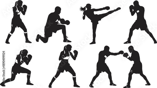 Collection of Professional Black Silhouettes Featuring Male and Female Boxers and Kickboxers in Various Combat Poses Stances and Action Movements Isolated on White Background