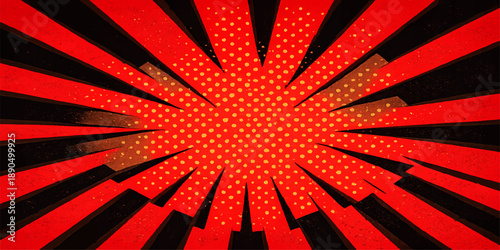 A vintage red and black grunge sunburst wallpaper featuring a retro vector design with textured orange rays and a glowing burst pattern on a weathered paper backdrop illustration