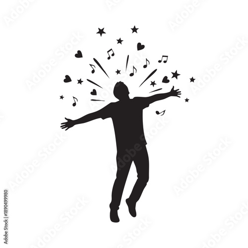 Jumping Man Silhouette with Outstretched Arms Surrounded by Notes Hearts Stars Flat Design Vector Icon Black on White Background Concept of Happiness Success Freedom Expression