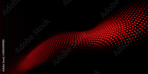 Abstract red and black background featuring a halftone wave pattern and vector grid lines with orange light effects for a modern textured wallpaper design element
