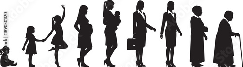 Comprehensive Black Silhouette Collection Illustrating Female Life Stages From Infancy And Childhood To Pregnancy Motherhood Career And Elderly Senior Woman Isolated On White Background