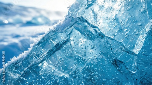Crystal Clarity: A captivating close-up of a massive ice formation, sculpted by nature's artistry, glistens with mesmerizing detail and vibrant hues.